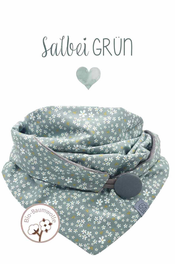 Kuscheltuch wishproject  - Halstuch Damen aus hellgrüner Bio-Baumwolle mit kleinen Blümchen Muster, Millefleur, Hellgrün, Pastellfarben, Salbeigrün, dreieckstuch mit Knopf,, made withn Love by wishproject, handmade for you , Fair Wear, langlebig, stilvoll, praktisch 